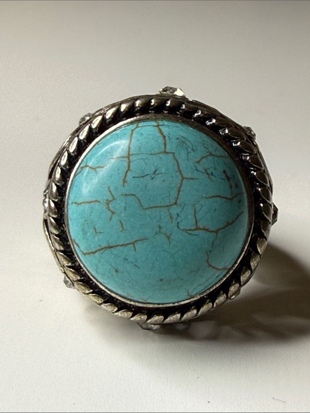 Turquoise color dyed Howlite Stone set in adjustable rhinestone Statement Ring